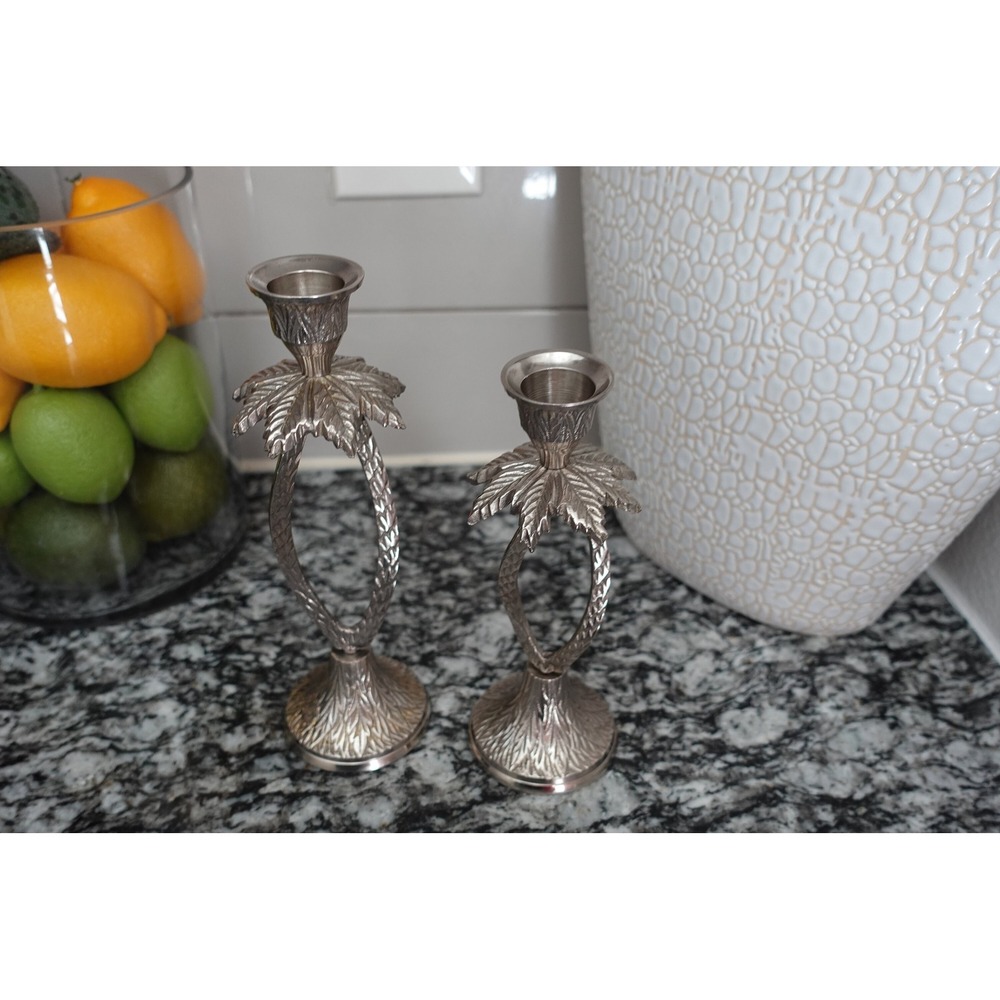 Vintage Pewter metal palm tree‎ candlestick holders-set of 2